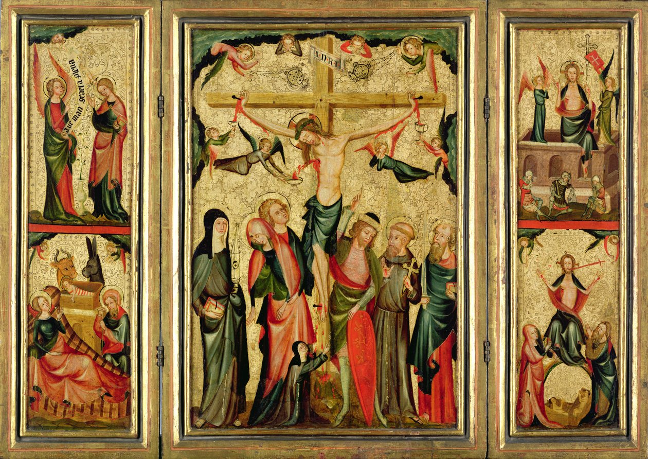 キリストのはりつけを描いた三連祭壇画、c.1350（パネル上のテンペラと金箔）（182372も参照） 作： ケルンのマスター