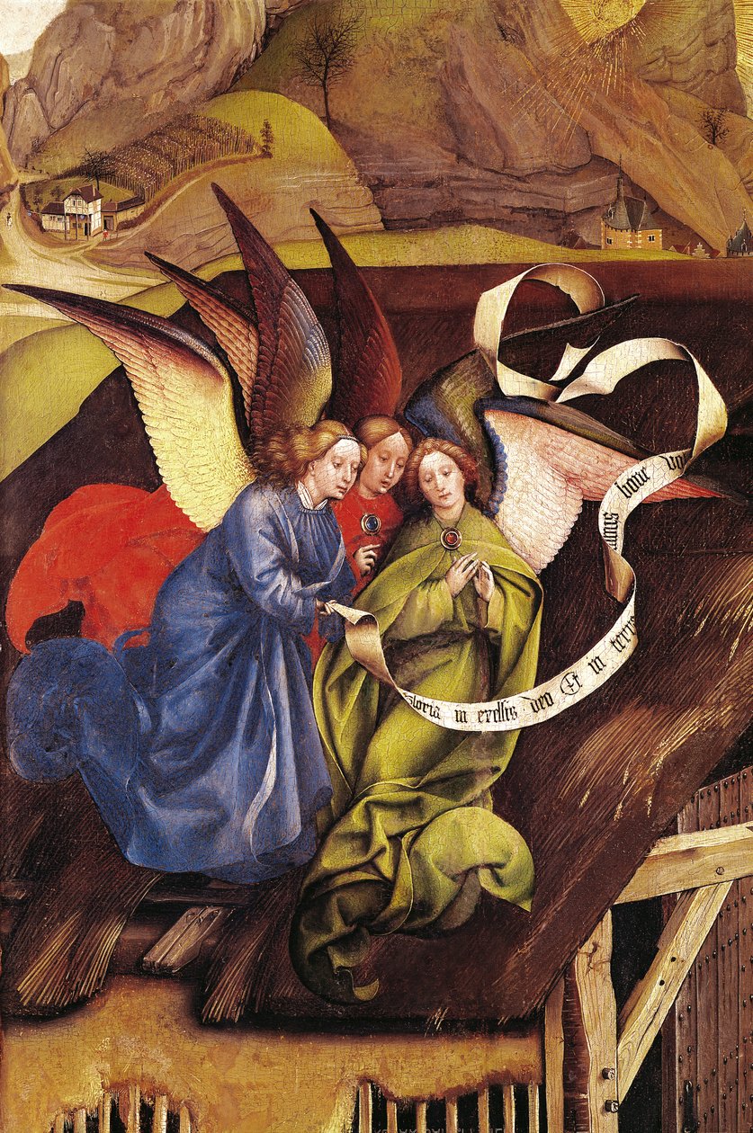 キリスト降誕、3人の天使の詳細、1425年（128673の詳細） 作： フレマールの達人