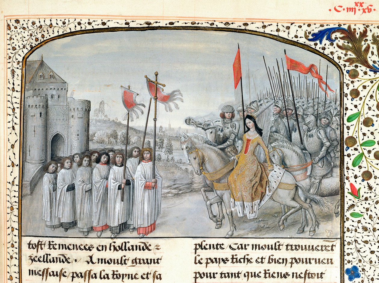 Ms 659 f.195。 1326年、1477年にフランスのイザベラ女王（1292-1358）と息子のエドワード3世（1312-77）がオックスフォードに迎え入れられました。 作： ブルゴーニュのマリアのマスター