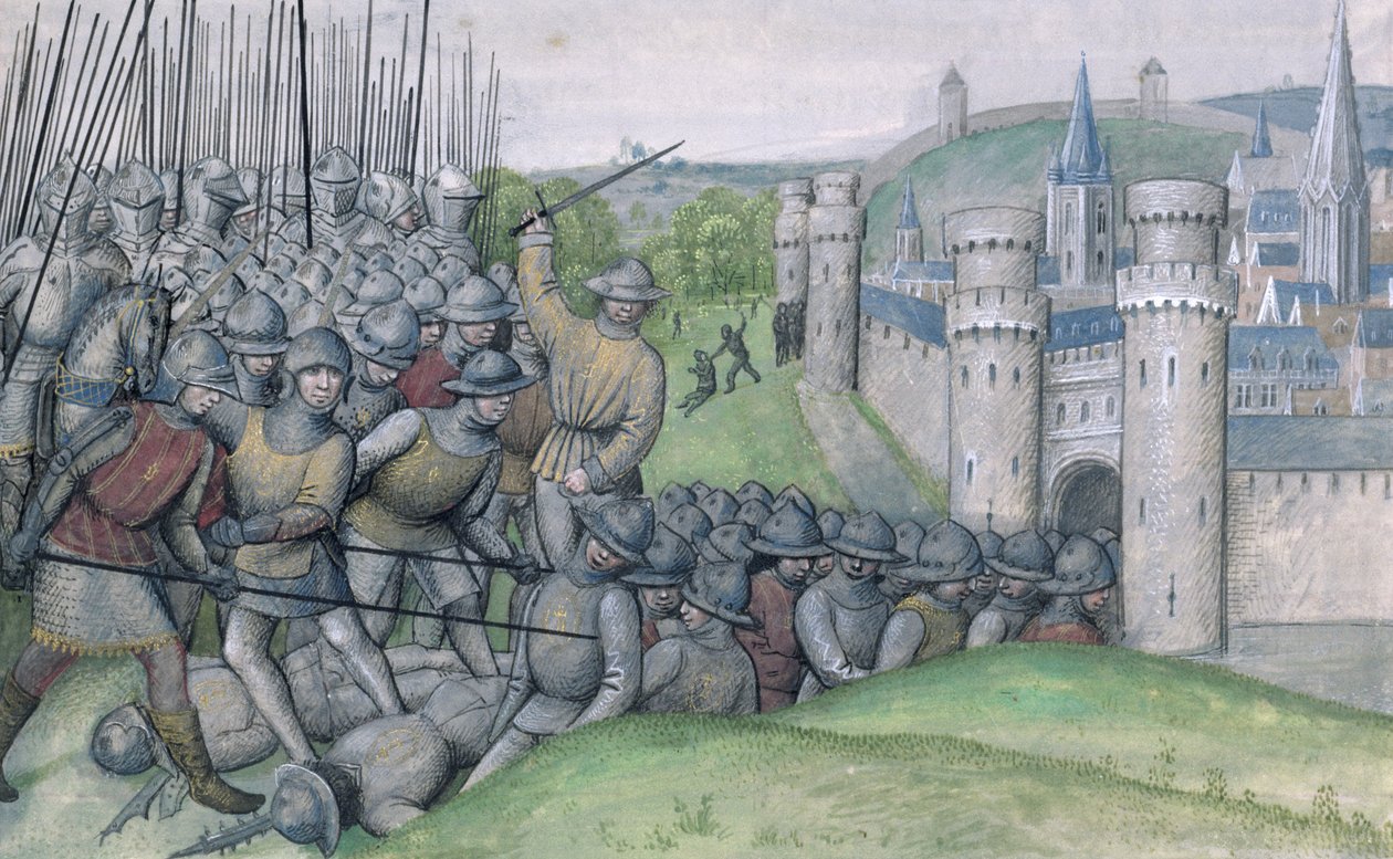 Ms 659 f.282rルイ、フランダース伯、ブルージュの町は、1382年、1477年のベベンハウツフェルトの戦いでフィリップスファンアルテフェルデとゲントの人々に敗北しました。 作： ブルゴーニュのマリアのマスター