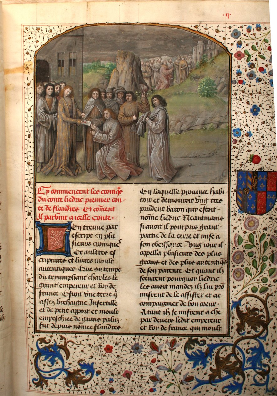 Ms 659 fol.2rシャルルマーニュ、フランダースの最初の伯爵となる1477年 作： ブルゴーニュのマリアのマスター