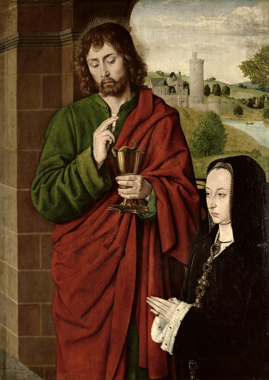 フランスのアン（1462-1522）ブルボン公爵夫人、ボージュの聖母、伝道者聖ヨハネ、三連祭壇の右翼、1492-93年（パネル上のパネル） 作： ムーランのマスター