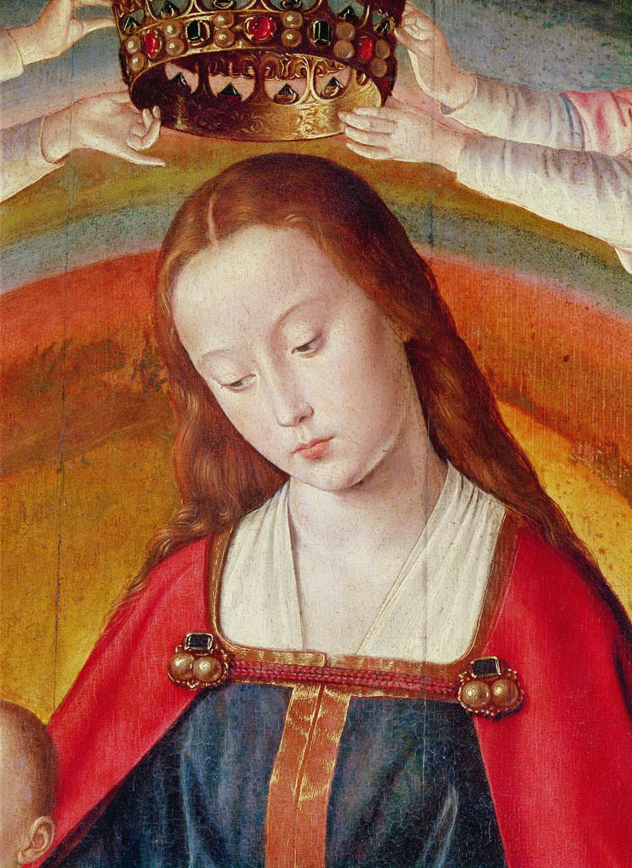 聖母マリアと王冠、聖母の戴冠式の詳細、バーボンの祭壇画の中央パネル、1498年頃（57630の詳細） 作： ムーランのマスター