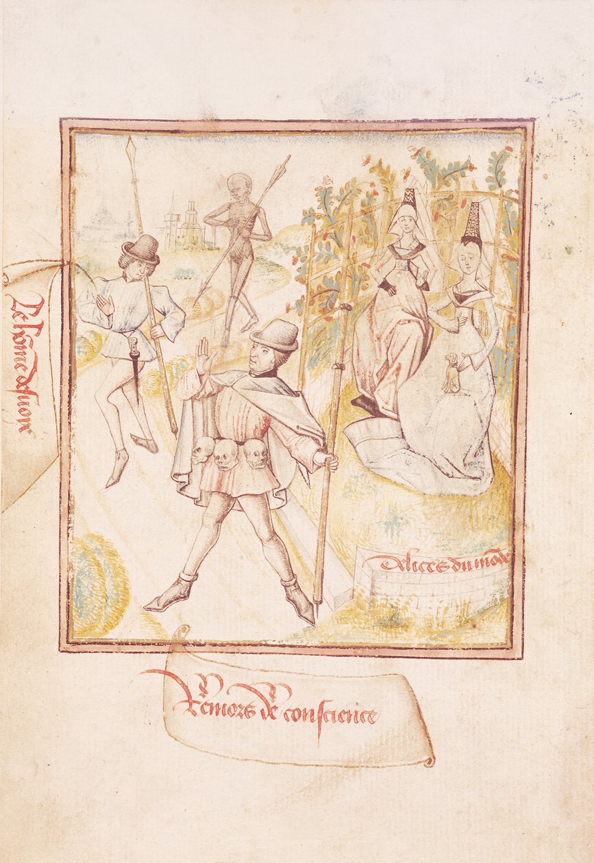 Ms 410 fol.24v「ル・ミロワール・ド・ラ・モート」1460年頃から、男は二度目の思いと世界の喜びを迷いました。 作： チャンピオンデデームのマスター