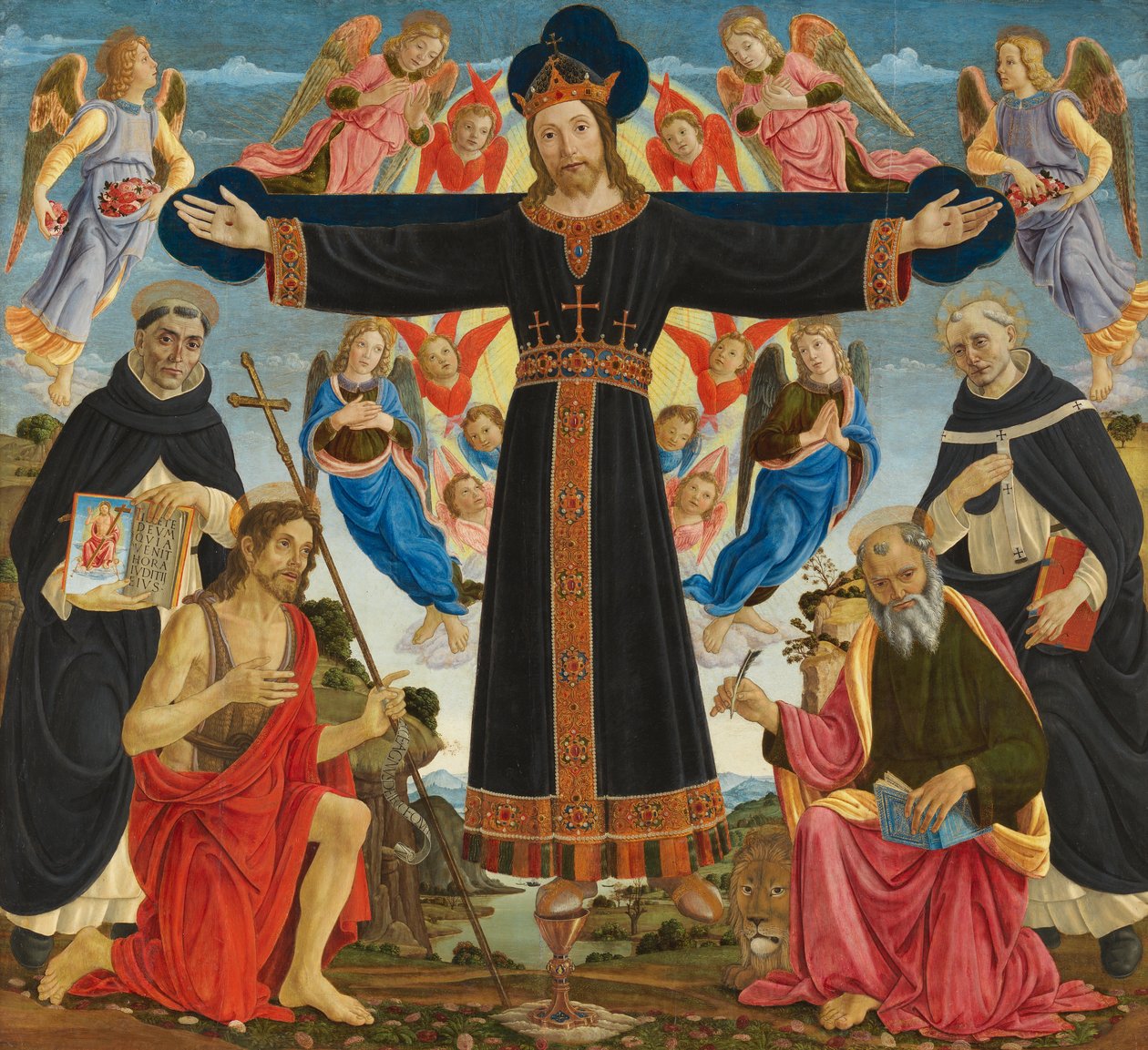聖人ヴィンセント・フェレ、バプテスマのヨハネ、マルコとアントニウスとの十字架上のキリスト、1491-5年頃（パネル上のテンペラと油彩） 作： フィエゾレのエピファニーのマスター