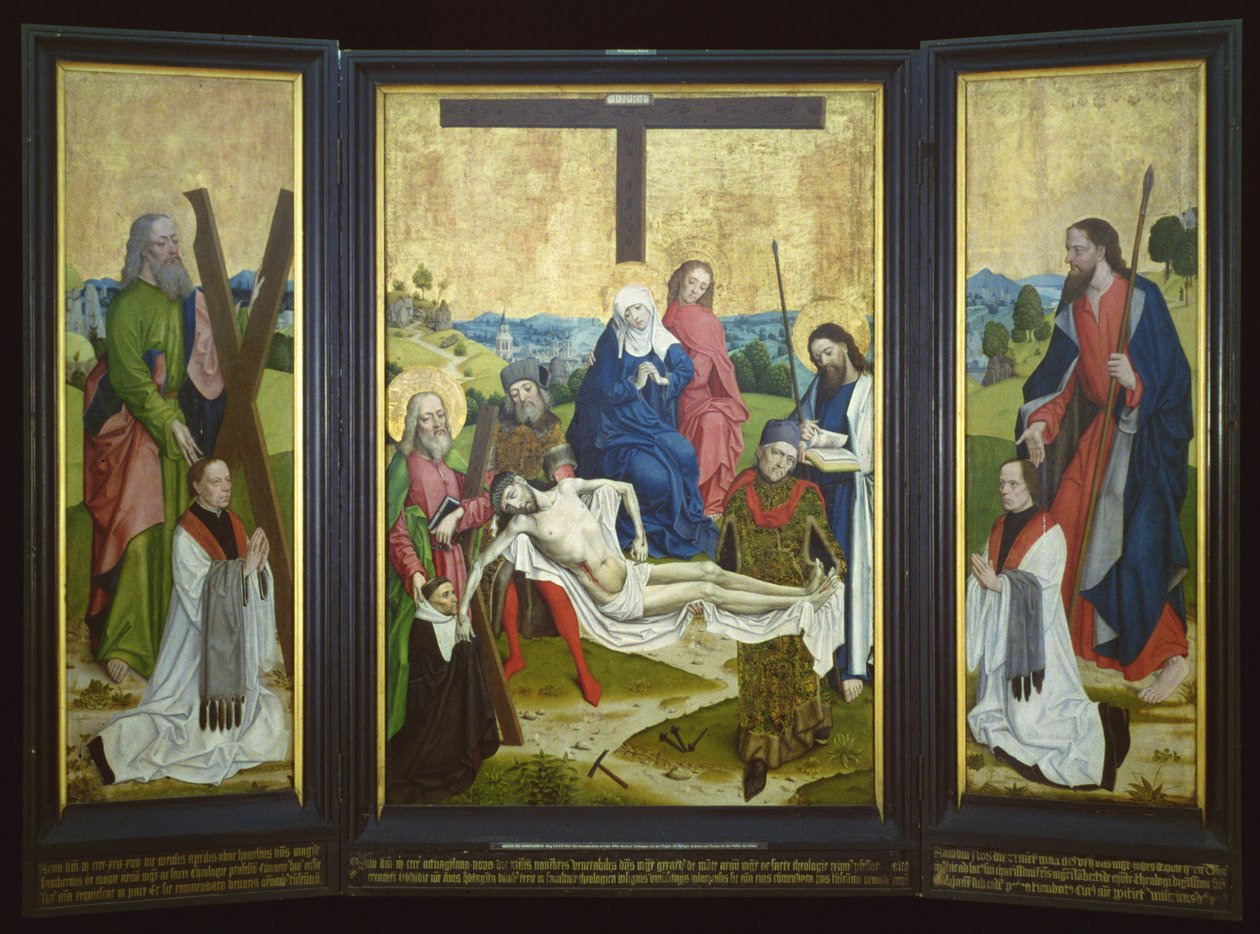 中央パネルにピエタと寄付者がいる祭壇画。サイドパネルのセントアンドリューとセントジョン、c.1480-90（オーク） 作： 聖母マリアの人生のマスター