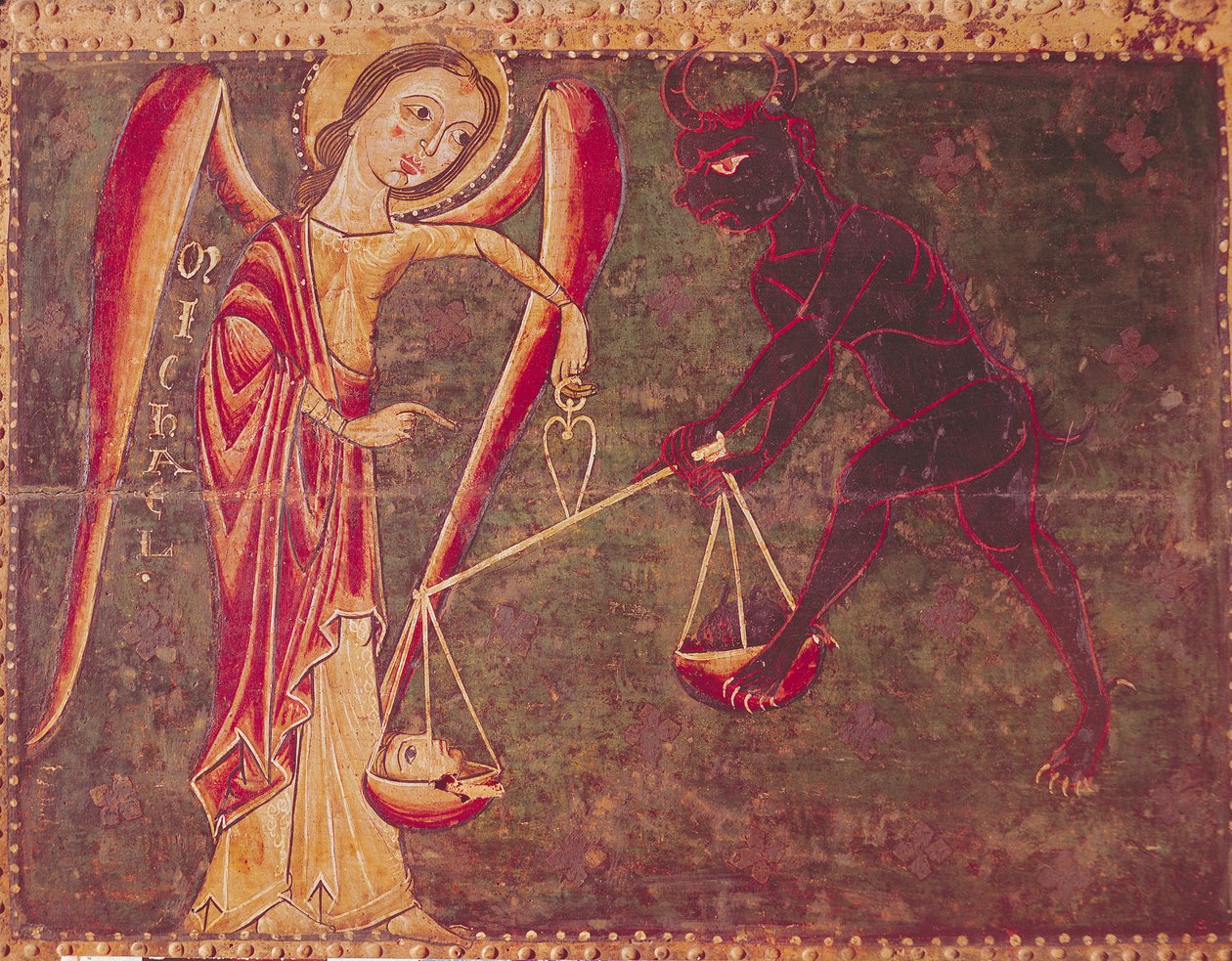 聖ミカエル計量魂、大天使ミカエルに捧げられた祭壇画から、c.1200（パネル上のテンペラ） 作： ルサネスの達人