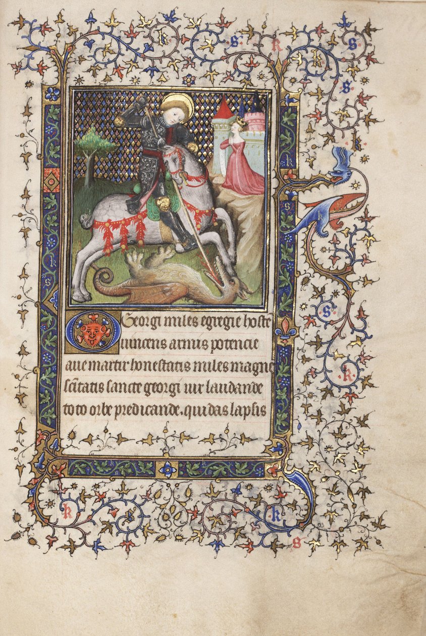 MS Widener 4 f.188r、St。GeorgeFighting the Dragon、時祷書、レンヌの使用、c.1405（ペンとインク、ベラムのテンペラ） 作： マスタールーコン