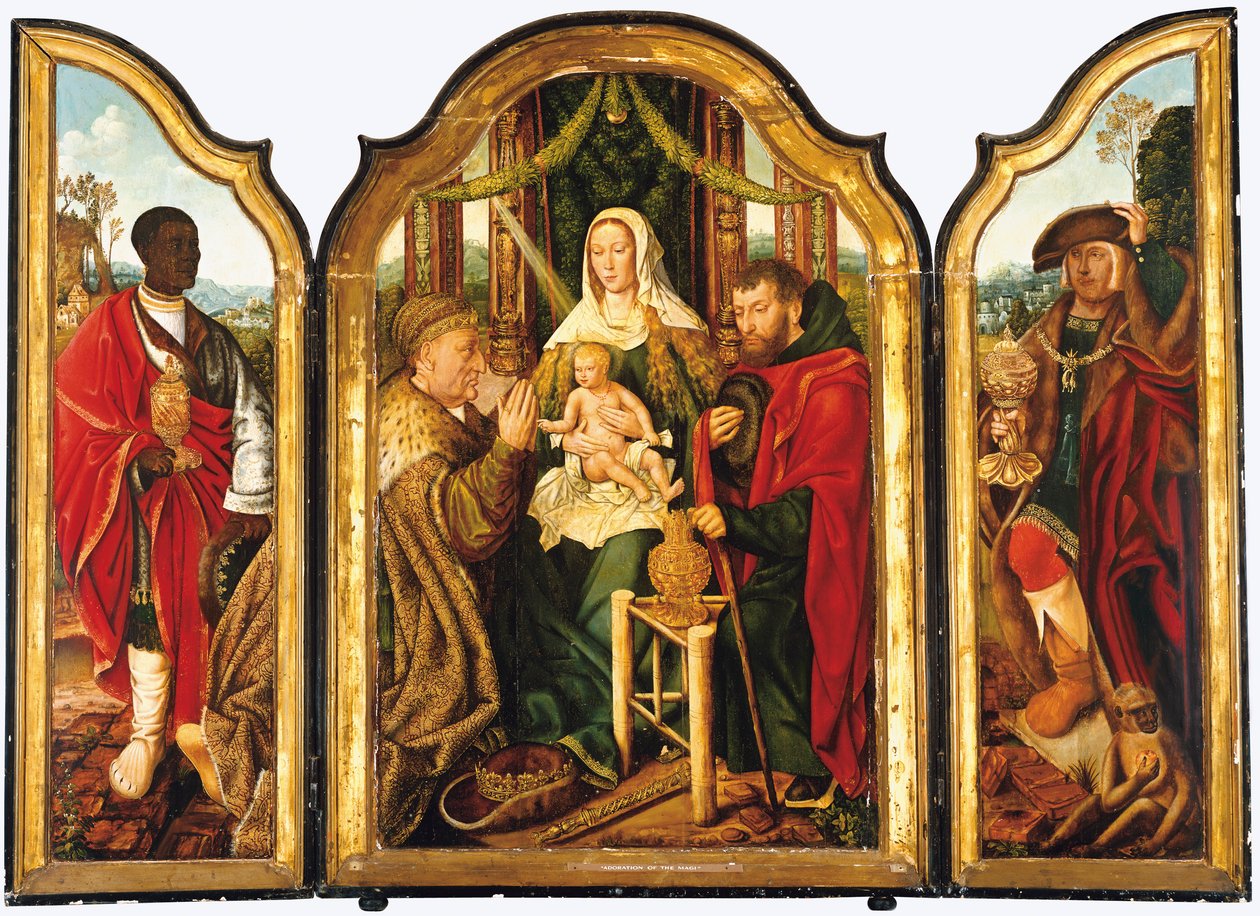 MelchiorがChrist Childに金を提供する聖家族 作： フランクフルトのマスター