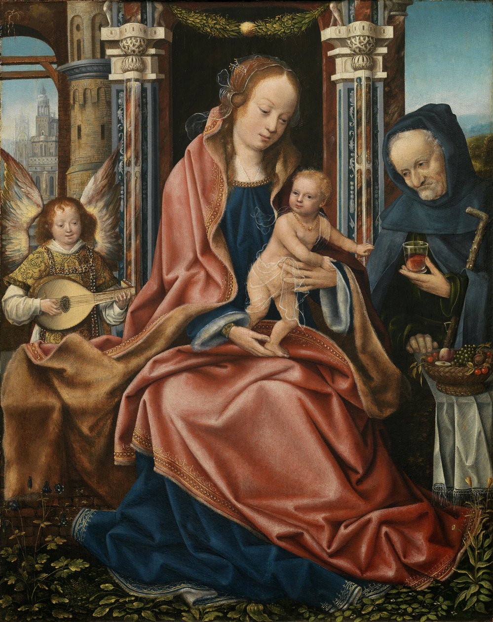 音楽を作る天使と聖家族の三連祭壇画。中央パネル、ca 1510-1520 作： フランクフルトのマスター
