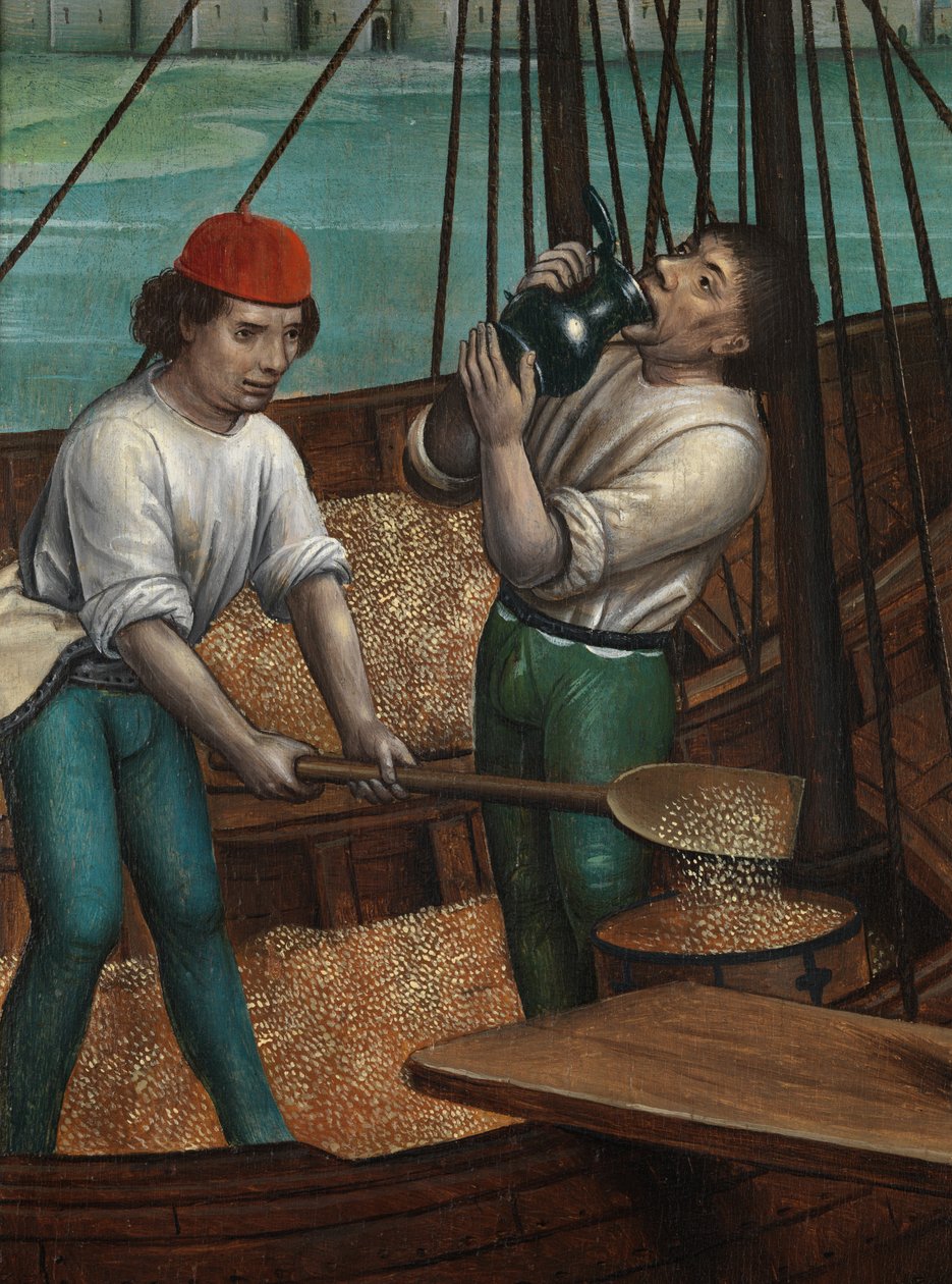 聖ニコラスの祭壇画からの穀物の奇跡の詳細、c.1486-93（パネルに油彩） 作： 聖ルーシーの伝説のマスター