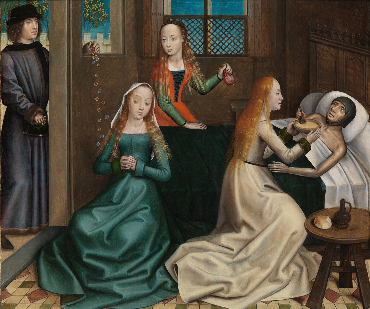 聖ニコラスの祭壇画からの聖ニコラスの慈善、c.1486-93（パネルに油彩） 作： 聖ルーシーの伝説のマスター