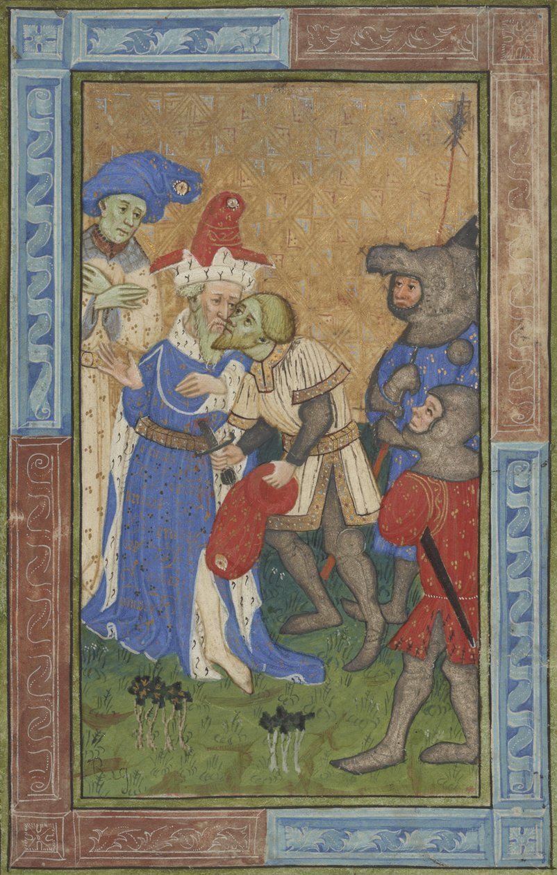 暗殺シーンMs B.11.7、c.1420（羊皮紙にテンペラ、シルバー、ゴールド塗装） 作： トリニティカレッジのマスター