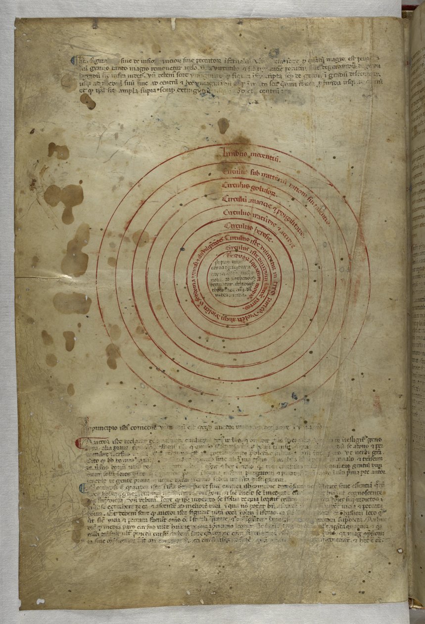 Egerton MS 943 f.2v Inferno: 地獄の球体の円形図、Dante Alghieri 作「Divina Commedia ( The Divine Comedy )」より (ベラムにインクとカラー) 作： パドヴァの反響のマスター
