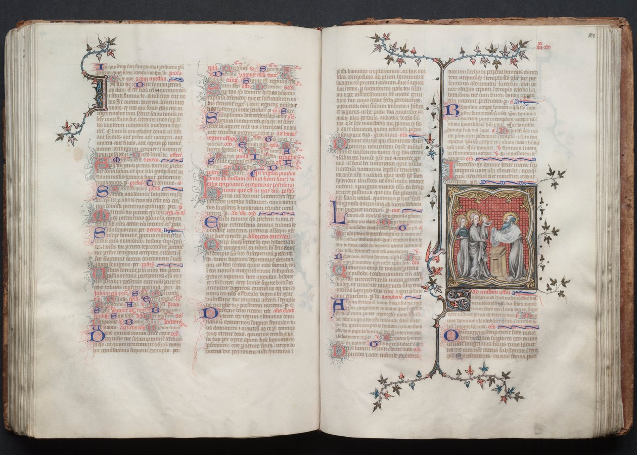 ゴータ・ミサ典書: Fol. 108r、寺院でのプレゼンテーション、c。 1375年。 作： ボケテの達人
