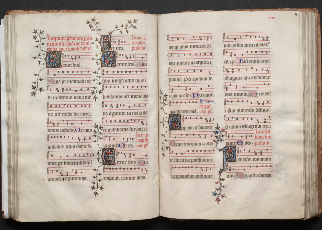 ゴータ・ミサ典書: Fol. 57v、テキスト、c。 1375年。 作： ボケテの達人