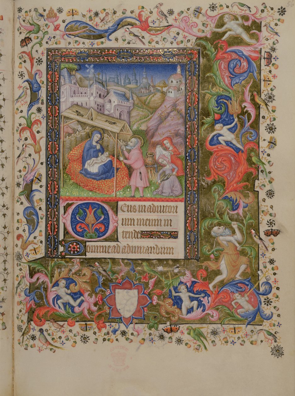 29433 f.56 Nativity、Book of Hours、c.1407 (ベラム) から追加 (16338 & 16339 も参照) 作： ブリュッセルイニシャルのマスター
