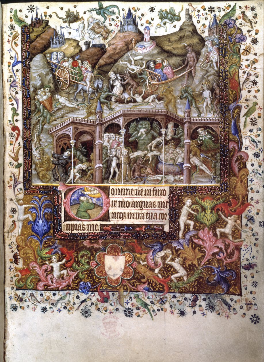 追加。 29433、f.89 地獄のシーン、「Book of Hours」のイラスト、1407 年頃（ベラムにインクとカラー） 作： ブリュッセルイニシャルのマスター