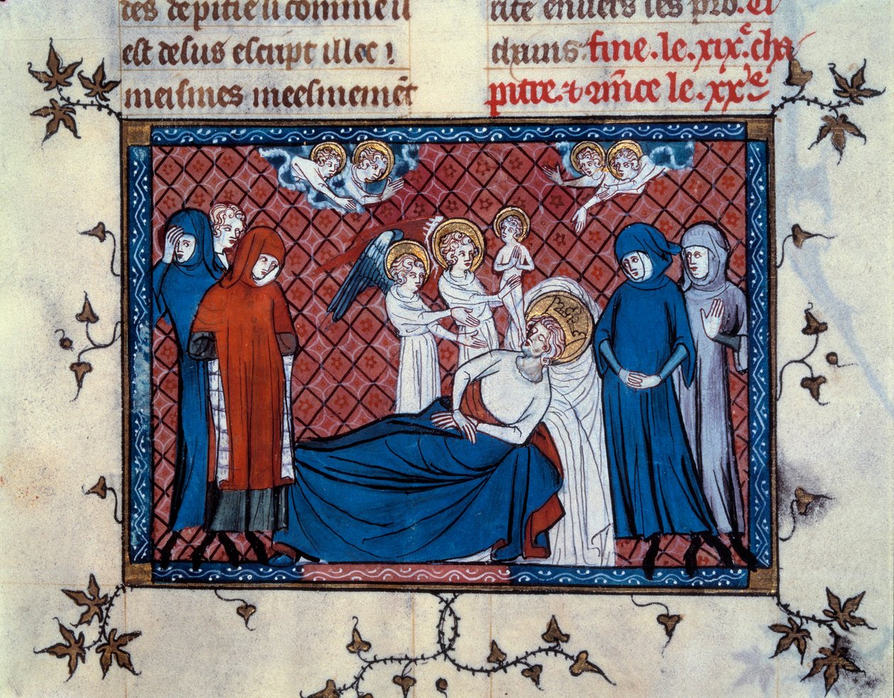 1270年8月25日、チュニスでのサン・ルイの死。マヒエが盛り上げ、サン＝パススのウィリアムが書いた「サン・ルイの生涯と奇跡」の写本（277ページ）のミニチュア 作： カンブレミサルマヒエットのマスター