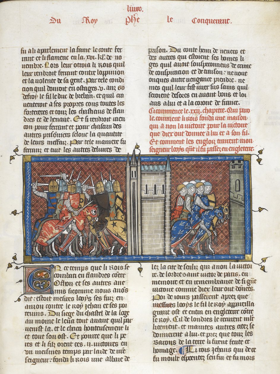 Royal 16 G. VI f.385 行進中のイングランド王ジョンとルイ 8 世との戦い、「Les Grandes chroniques de France」、c.1332-50 (ベラムにインク、色、金) 作： カンブレミサルマヒエットのマスター