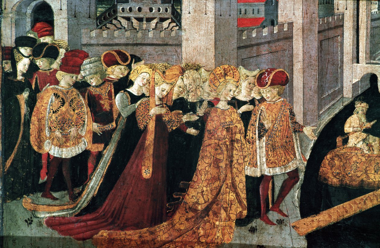 Decameron de Boccaccio (Jean Boccaccio): the Chatelain Periconeは、マヨルカ島でバビロンのスルタンBeminedabの娘Alatielとそのスイートを歓迎する（Pericone da Visalgo welcoming Alatiel daughter of Beminedab, the Sultan of Babylon, on hi. 作： カッソーニのマスター