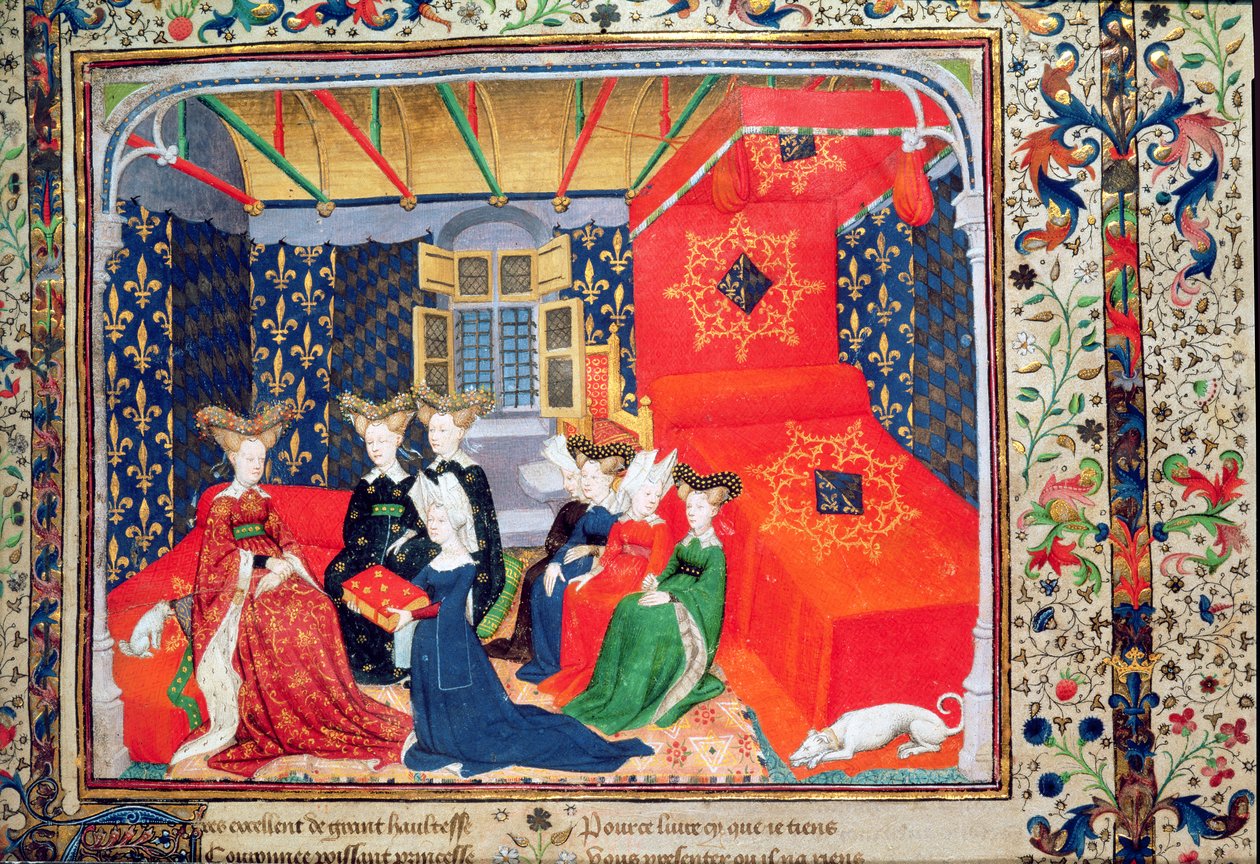 Harl 4431 fol.3 Christine de Pisan は、Christine de Pisan の詩からバイエルンのイザベラ女王に彼女の本を贈呈し、c.1410-15 (vellum) 作： シテデダムのマスター