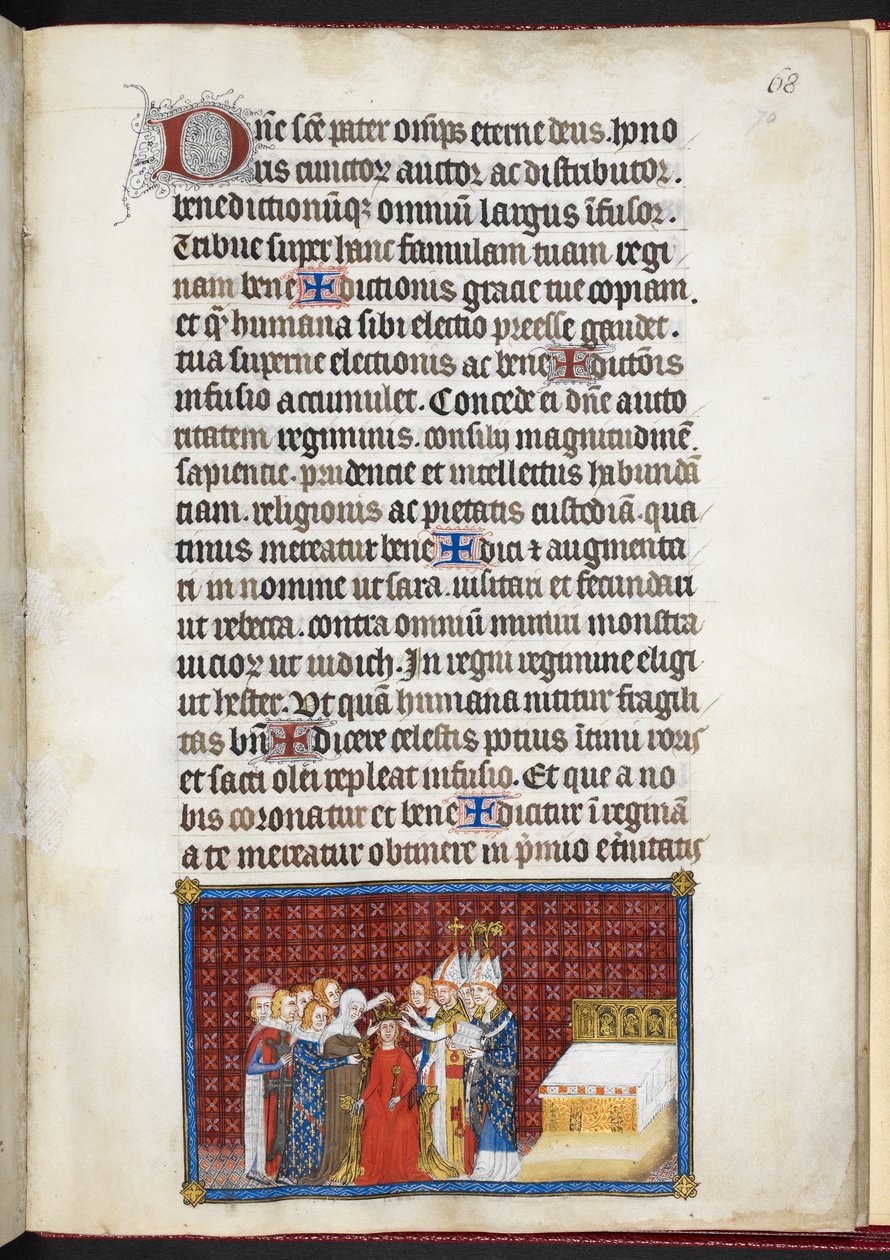 コットン ティベリウス B. VIII f.70r 「フランス王シャルル 5 世の戴冠書」より、女王の王冠を支える男爵 作： カール5世の戴冠式の本のマスター
