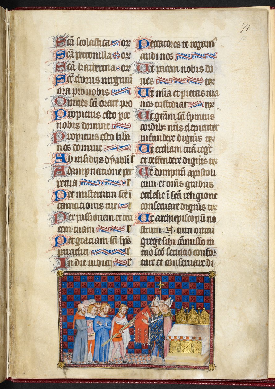 コットン ティベリウス B. VIII f.73r、オリフラムを祝福するランス大司教、「フランス王シャルル 5 世の戴冠式の本」の挿絵 作： シャルル5世戴冠式書のマスター