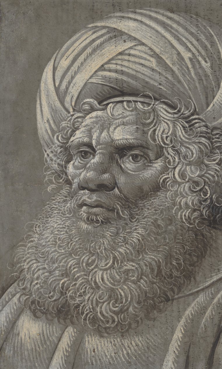 ターバンを身に着けたひげを生やした男の頭、ラテン語の文字の裏面、約 1510年。 作： アブサロムの死のマスター
