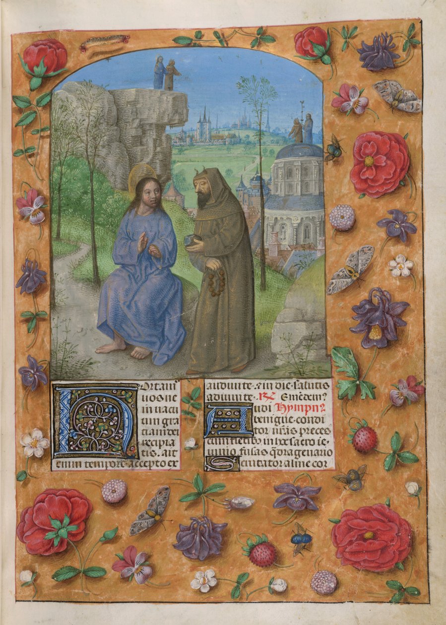 Temptation of Christ. he Temporale; Lent 1. Christ with the devil, dressed as a monk, holding a stone. Behind, the other temptations; Christ and the devil on a rock, and on the dome of the Temple.Text with decorated initial 