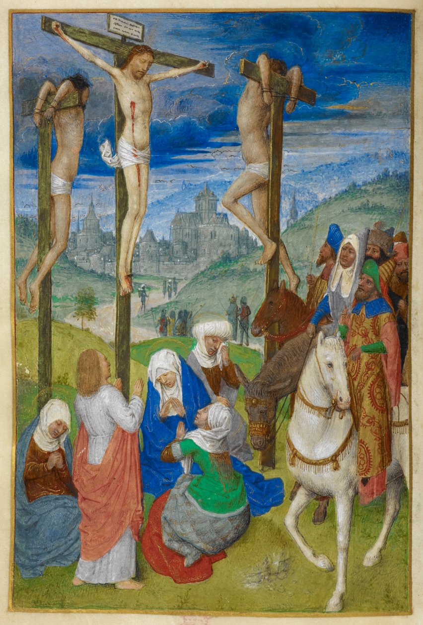 A Crucificação. Horas da Cruz. Cristo na cruz entre os dois ladrões, com várias figuras; três a cavalo. São João está de pé, e a Virgem e as Três Marias estão sentadas ao pé da cruz. Uma visão de Jerusalém ao fundo. 作： ドレスデン祈祷書のマスター