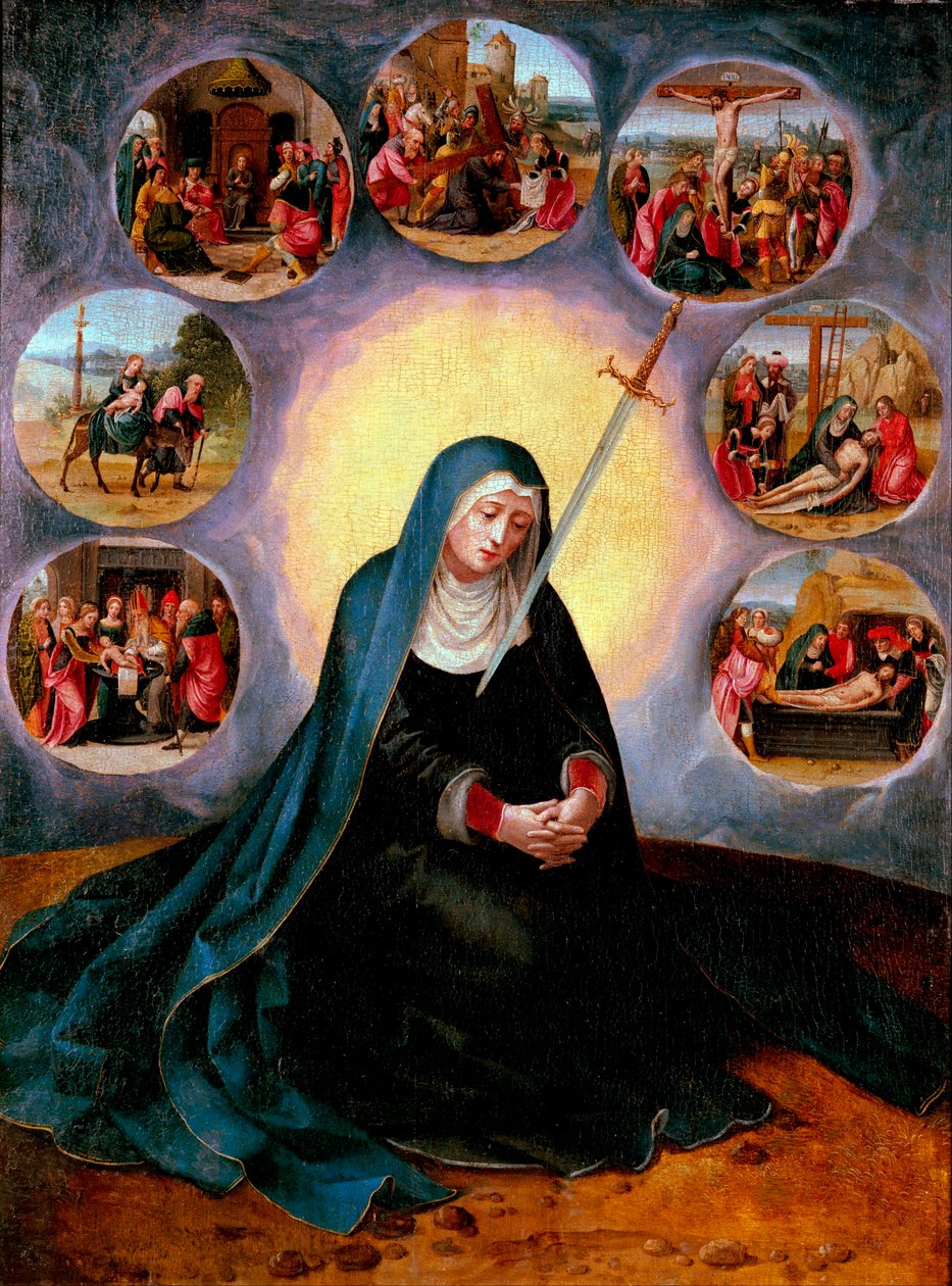 七つの悲しみの聖母 - 七つの悲しみの聖母 - 半分の女性像のマスターによる絵画 (1530-1560 活動) 16 世紀 - 木材に油彩 - 75x56,7 - カタルーニャ美術館、バルセロナ 作： 女性のハーフレングスのマスター