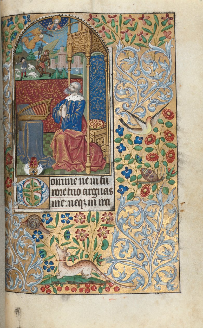 ルーアンの時間使用法：fol。 80r、David Penitent、遠くのDavid David Slaying Goliath、c1470 作： ジュネーヴ・ラティーニのマスター
