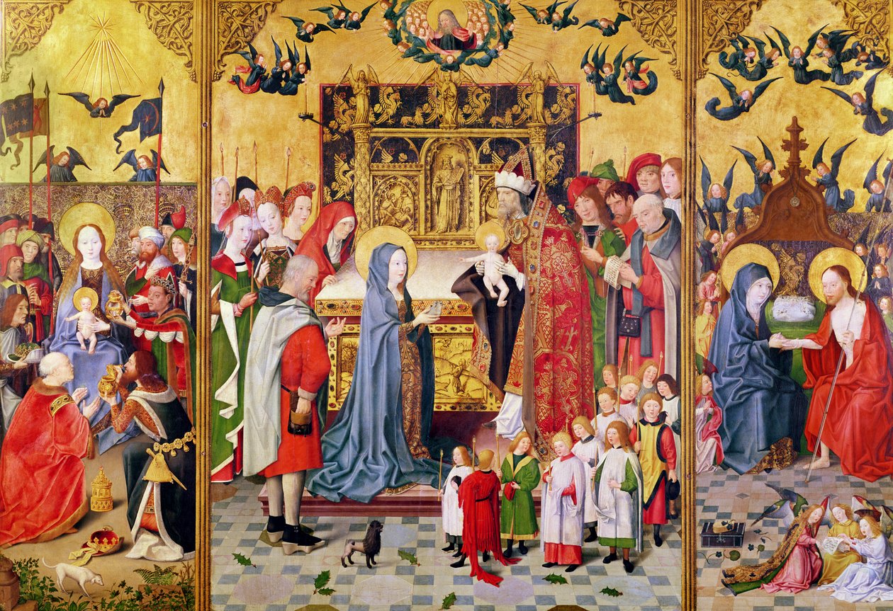 聖母マリアの崇拝を描いた、聖母マリアの七つの喜びの祭壇画、神殿での贈り物とマリアに現れたキリスト、1480年 作： 聖家族のマスター