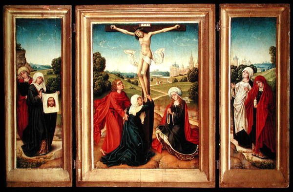 Triptychon mit dem zentralen Panel, das die Kreuzigung mit der Jungfrau, St. Johannes und Maria Magdalena darstellt; der linke Flügel: St. Veronika und eine Heilige; und der rechte Flügel: Die zwei Marien von Master of the Legend of St. Catherine