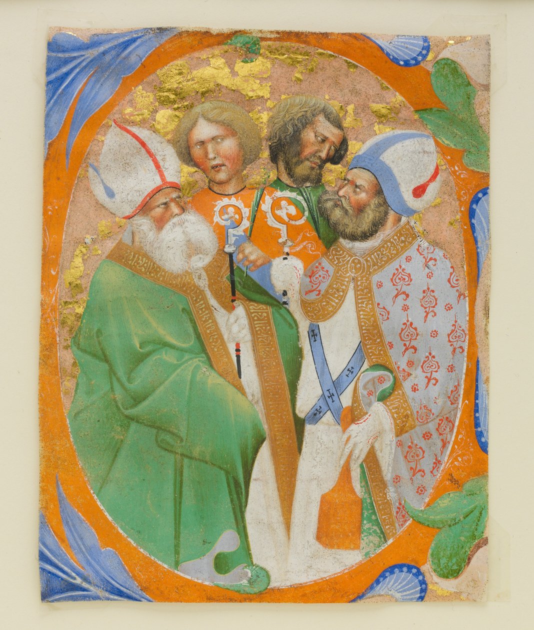 頭文字Oの中に4人の聖人が描かれたマニュスクリプト・イルミネーション、1440-50年の合唱曲集より。 作： ムラノグラデュアルのマスター