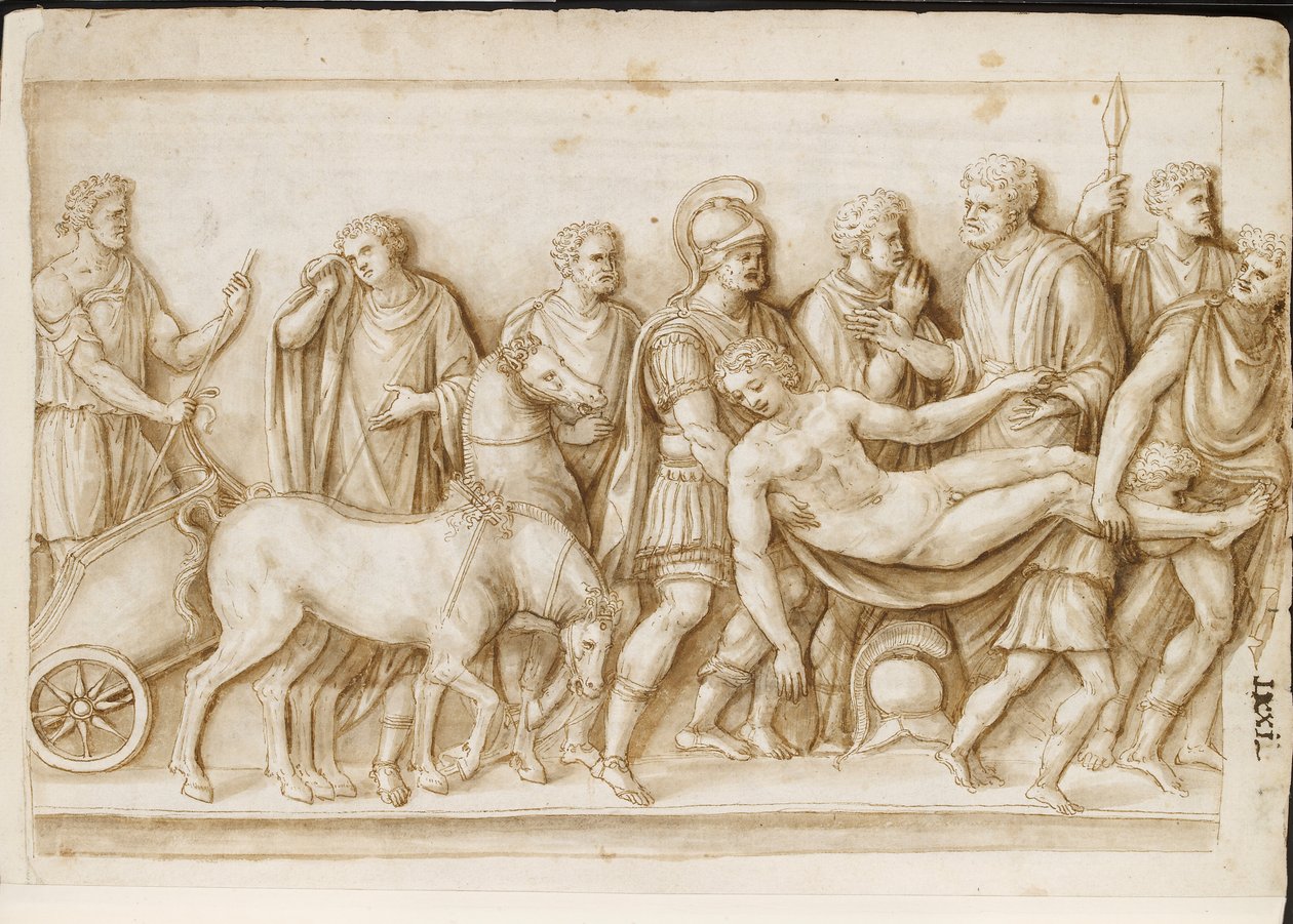 Verso: The Return of Meleager、ローマの石棺から、パラッツォ バルベリーニ、ローマ、c.1512-17 (ペン & ブラウン ウォッシュのブラウン インク) 作： オックスフォードアルバムのマスター
