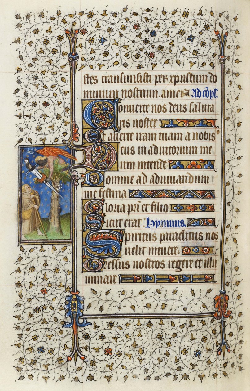 Ms 62 f.132vギリアム・ド・デギユビルの1350年、1417年の「聖霊の時間」（羊皮紙のインクと金箔）からの、刀で突き刺された本のある木のてっぺんの翼のある人物 作： Rohan Hoursのマスター
