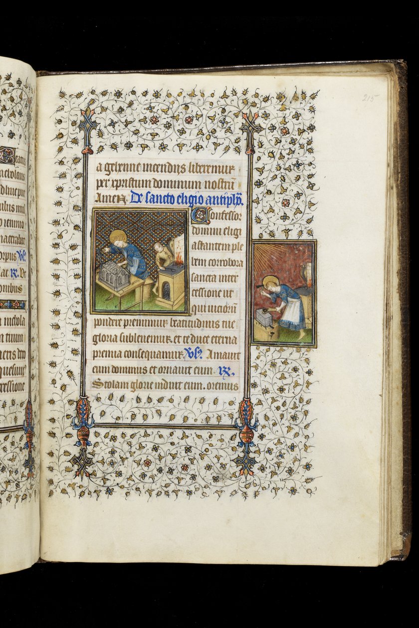 Ms 62f.215r聖エリギウスが神社を建てる。時祷書からのアンビルの聖エリギウス、c.1445-50（ベラム） 作： Rohan Hoursのマスター
