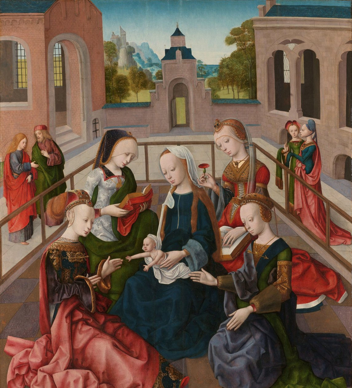 四聖処女を持つ聖母子 Maria met kind met de heiligen Catharina, Cecilia, Barbara en Ursula 作： 乙女座インテルバージンのマスター