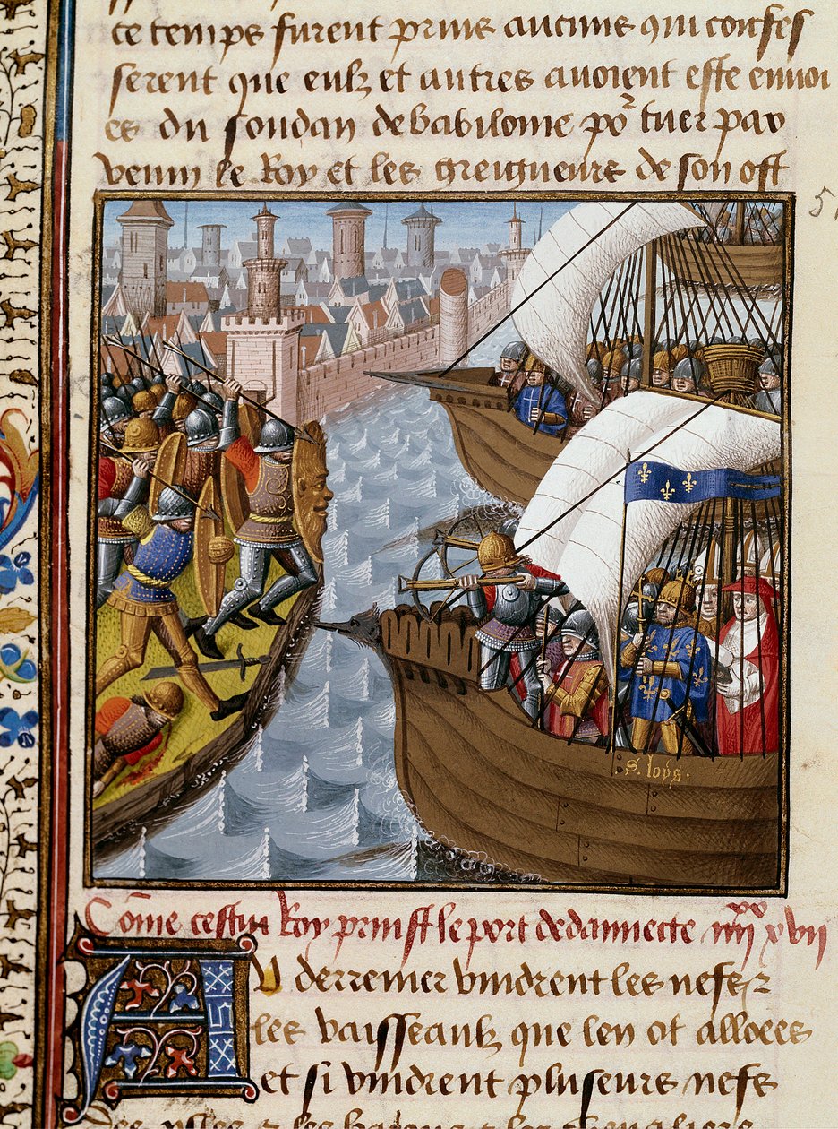 第7回十字軍。サン・ルイ王（1214-1270）と、1249年6月に下エジプトのダミエッタを包囲する十字軍。Vincent de Beauvais (1184/94-1264)の写本 "Speculum historiale" (Le Mirror historial)から引用されたミニチュアで、師匠の手によって盛り上げられています。 作： メートル・フランソワ