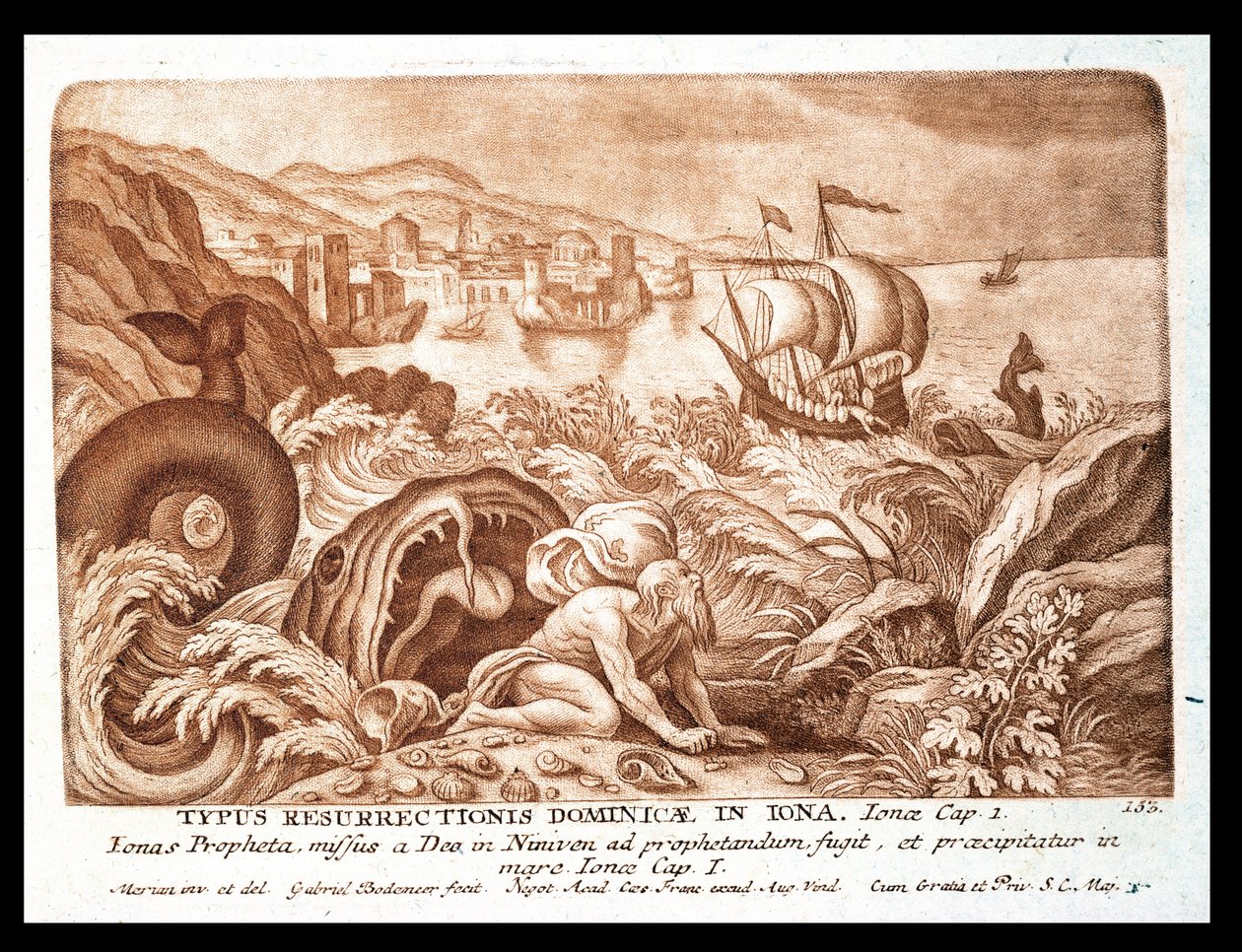 ヨブリとクジラ、聖書のイラスト、ガブリエルボデニア（1673-1766）によって彫刻（セピアの彫刻） 作： マタウス・ザ・ヤング・メリアン