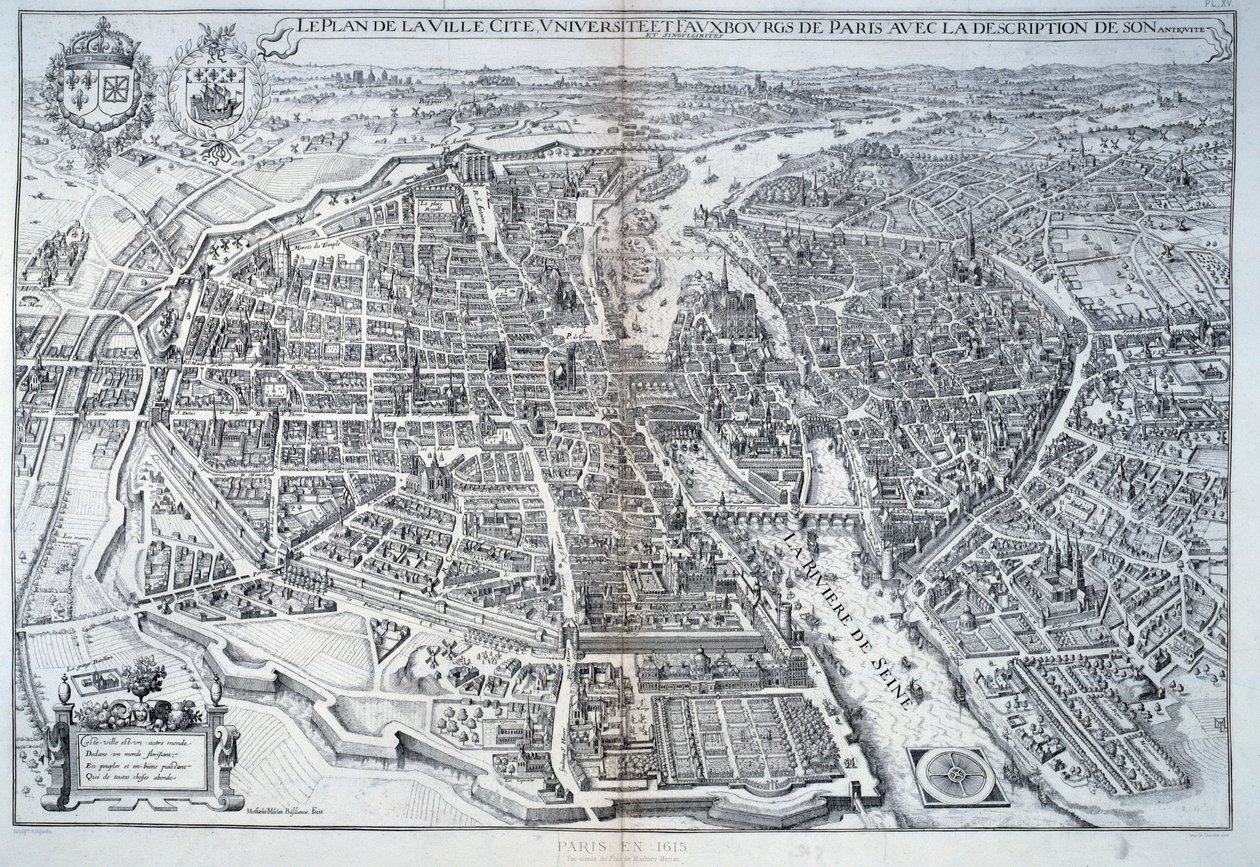 1615年のパリの平面図。マチュー・メリアンの版画 作： マタウス・ザ・ヤング・メリアン