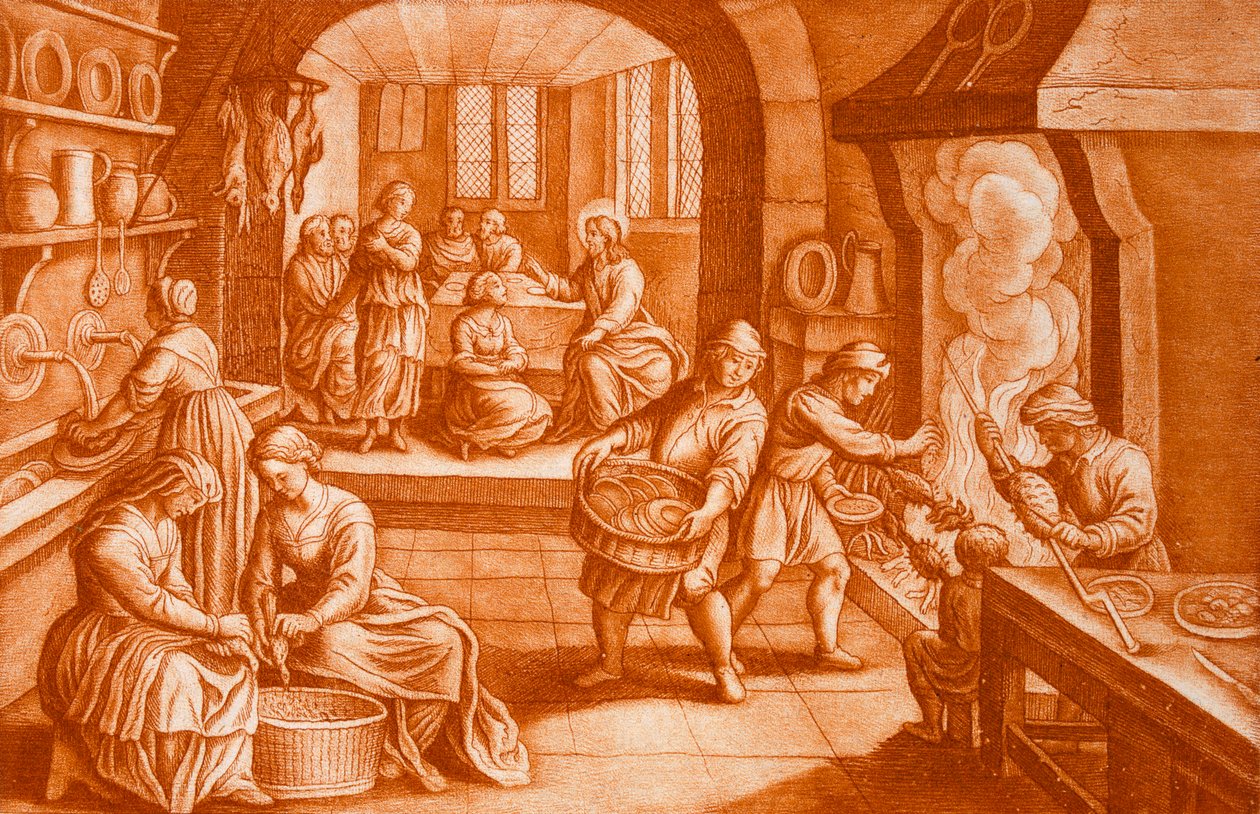 メアリーとマーサの物語、聖書のイラスト、JC Bodenehrによって彫刻（セピアの彫刻） 作： マタウス・ザ・ヤング・メリアン