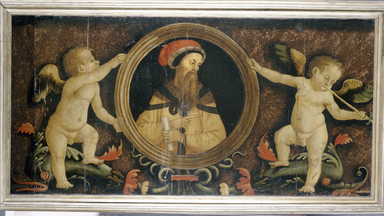 プッティを持つ男性の肖像、c.1510-15（松のテンペラ） 作： マッテオ・ディ・ジュリアーノ・ディ・ロレンツォ・バルドゥッチ