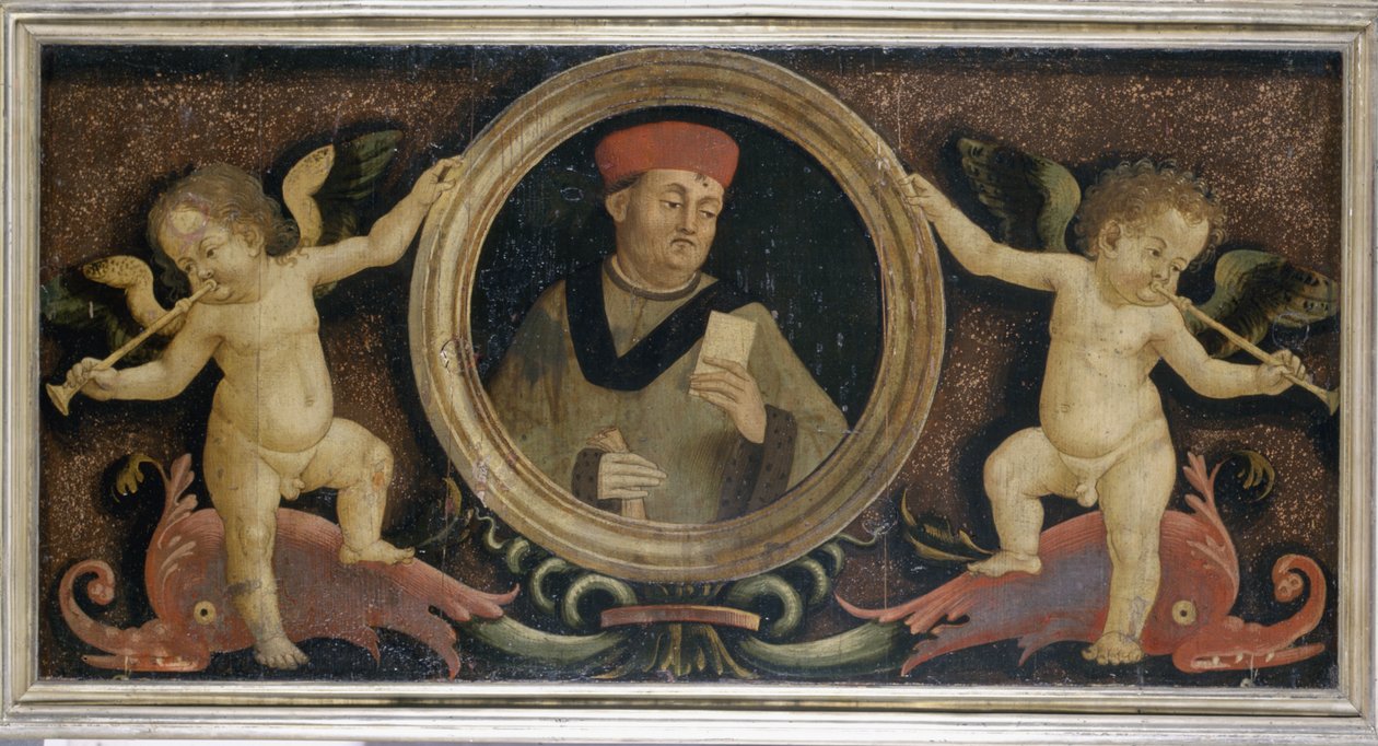 プッティを持つ男性の肖像、c.1510-15（松のテンペラ） 作： マッテオ・ディ・ジュリアーノ・ディ・ロレンツォ・バルドゥッチ