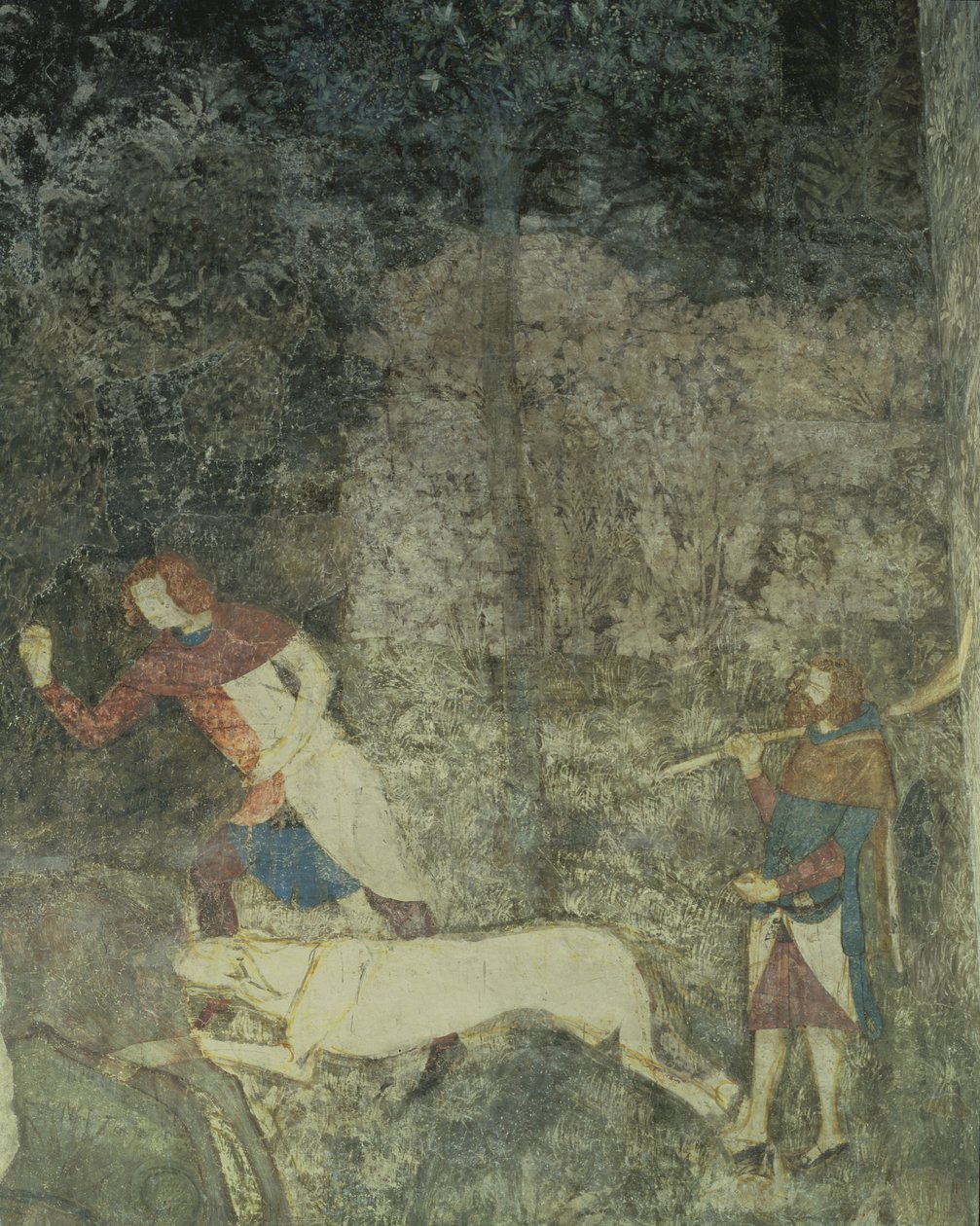 犬と狩りをする男性、La Chambre du Cerf Stag Room 1347フレスコ画の装飾スキームの詳細 作： マッテオ・ジョバネッティ
