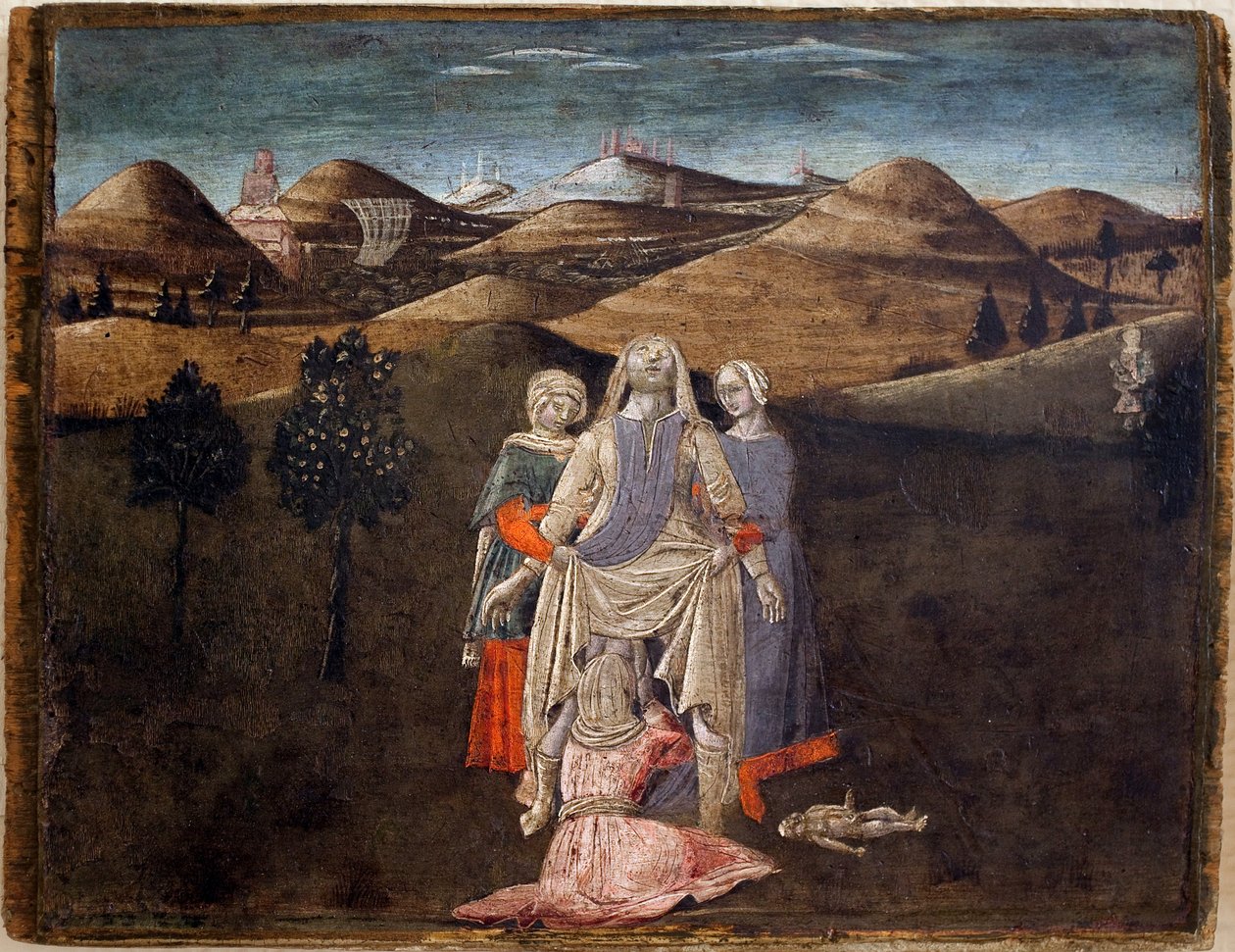 ロムルスとレムスの伝説：レア・シルヴィアの誕生。マッテオ・ディ・ジョヴァンニ（1430-1495）による絵画、木にデトレンプ、27.9×35.7cm。イタリア美術 15世紀リボーン美術博物館。 作： マッテオ・ディ・ジョヴァンニ・ディ・バルトロ