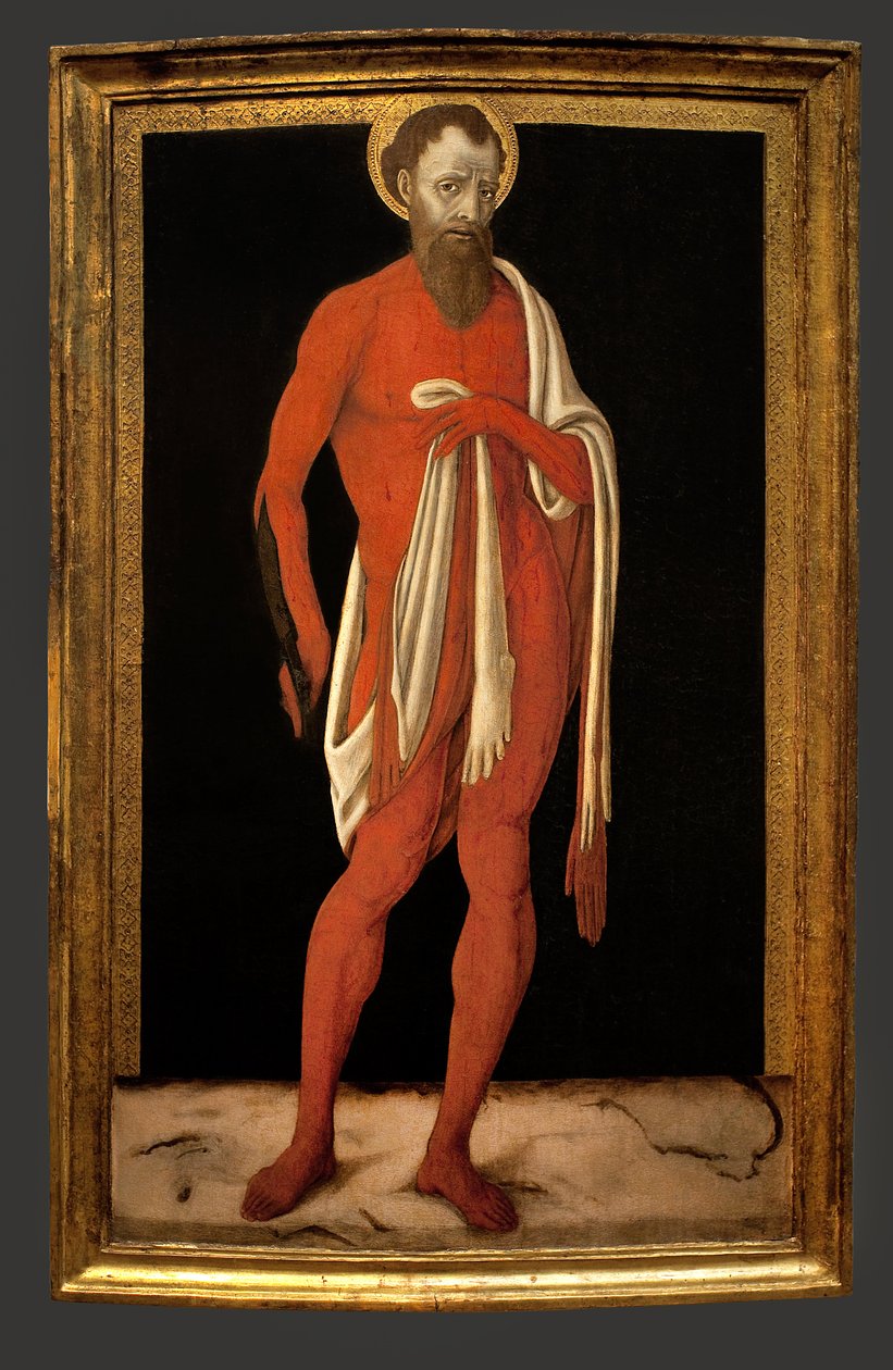 聖バルテルミー、使徒。マッテオ・ディ・ジョヴァンニ（約1430-1495）による絵画、木に油彩、イタリア美術 作： マッテオ・ディ・ジョヴァンニ・ディ・バルトロ