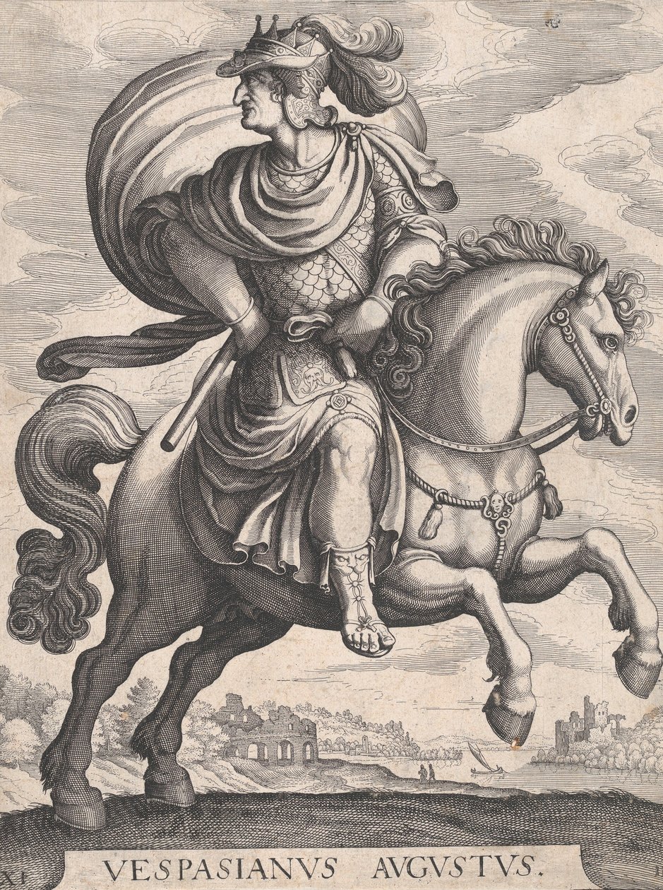 馬に乗ったヴェスパシアヌス皇帝、『ローマの最初の12人の皇帝』シリーズより、プレート1...、1610-50年。 作： マテウス・メリアン